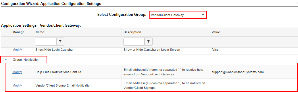 User Interface  Application Configuration, vendor/Client Gateway  Notification Group Area
