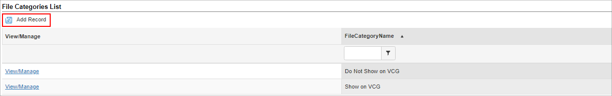 Graphical user Interface: Selecting Add Record to create new File Category