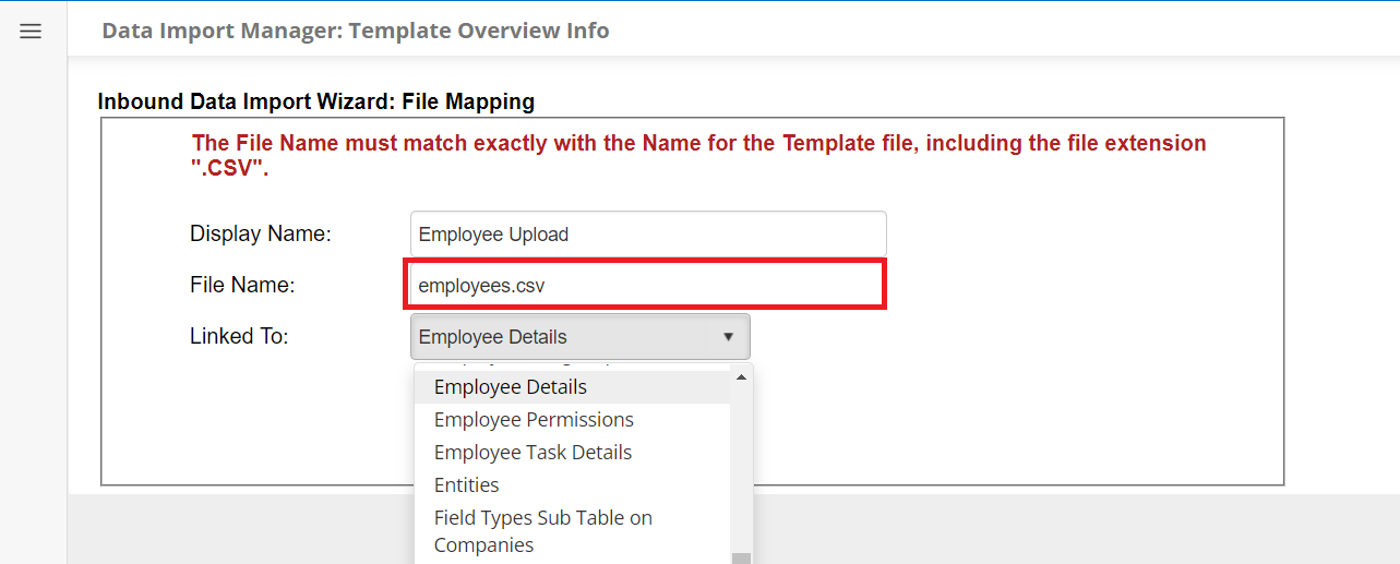 The File Mapping page of the Inbound Date Import Wizard. The File Name box is highlighted.