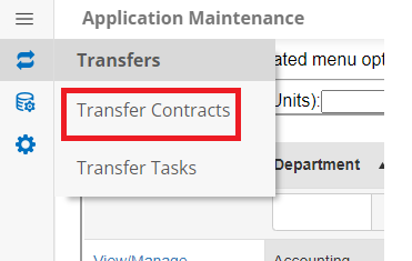 The Transfers Side Menu of the Application Maintenance Page. Transfer Contracts is highlighted.