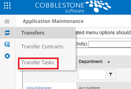 The Transfers Side Menu of the Application Maintenance Page. Transfer Tasks is highlighted.