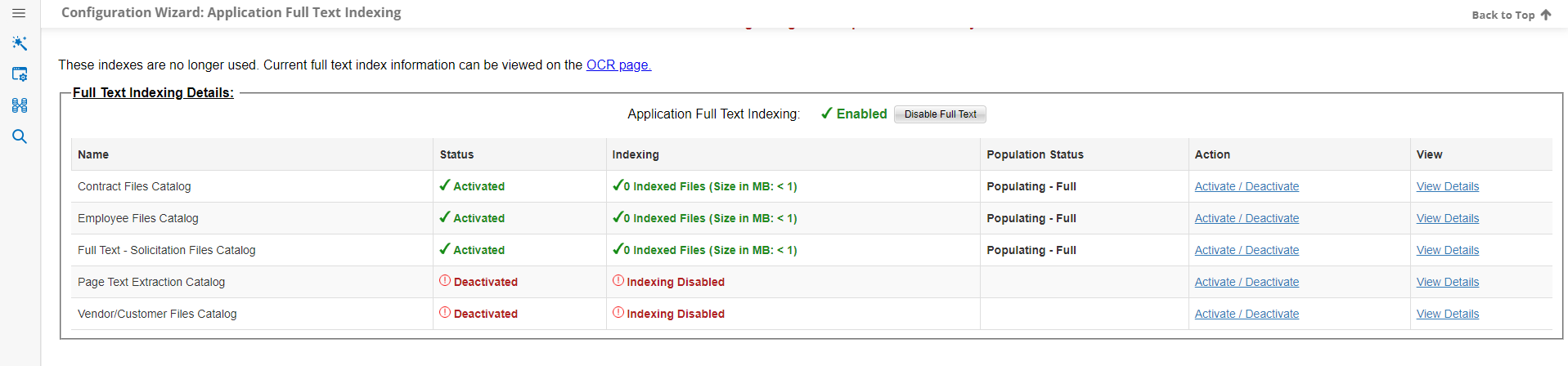 The Application Full Text Indexing Screen