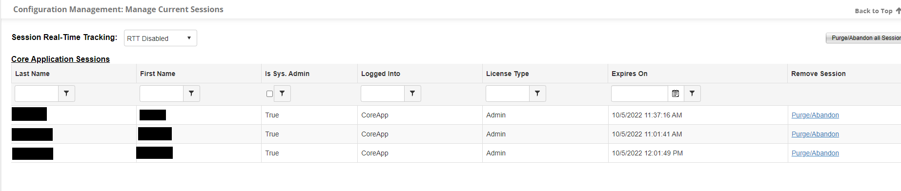 Manage Current Sessions Page