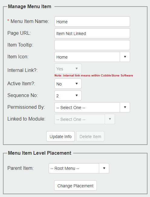 The Manage Menu Item and Menu Item Level Placement Panels