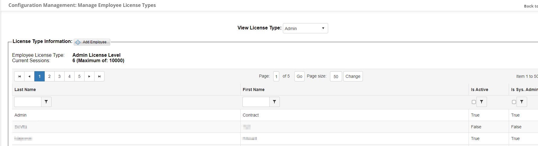 The License Type Information table