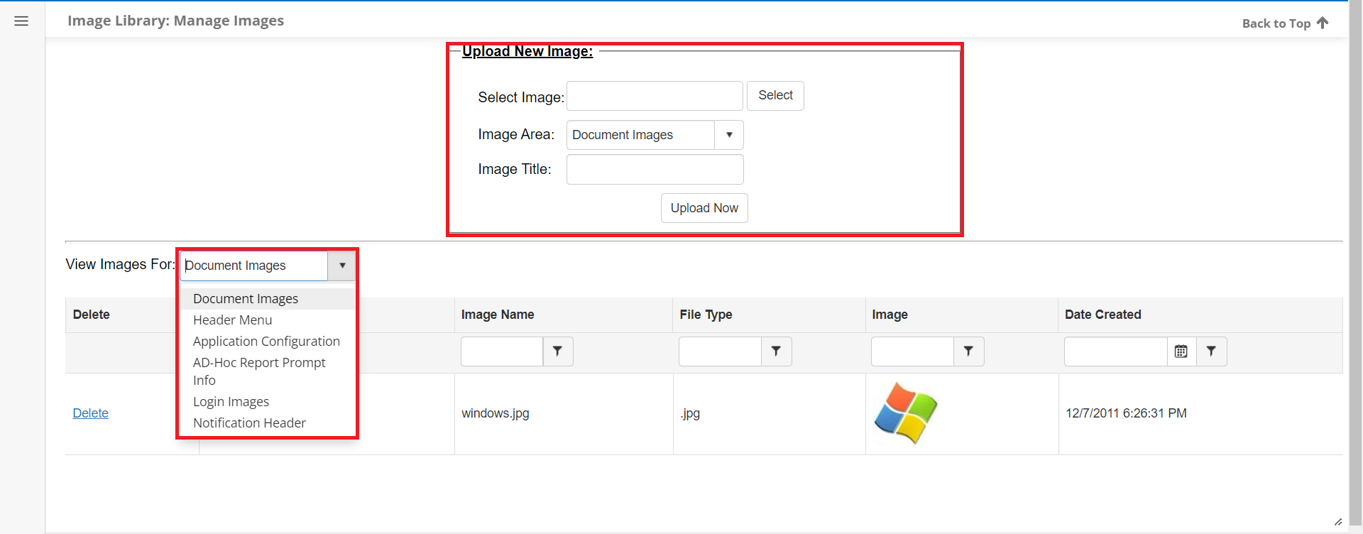The Upload New Image box on the Image Library: Manage Images page is highlighted.