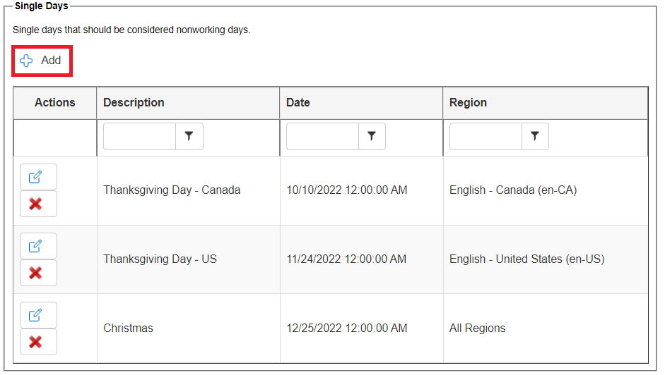 The Single Days box. The Add button is highlighted. Various Holidays make up the data in the table.