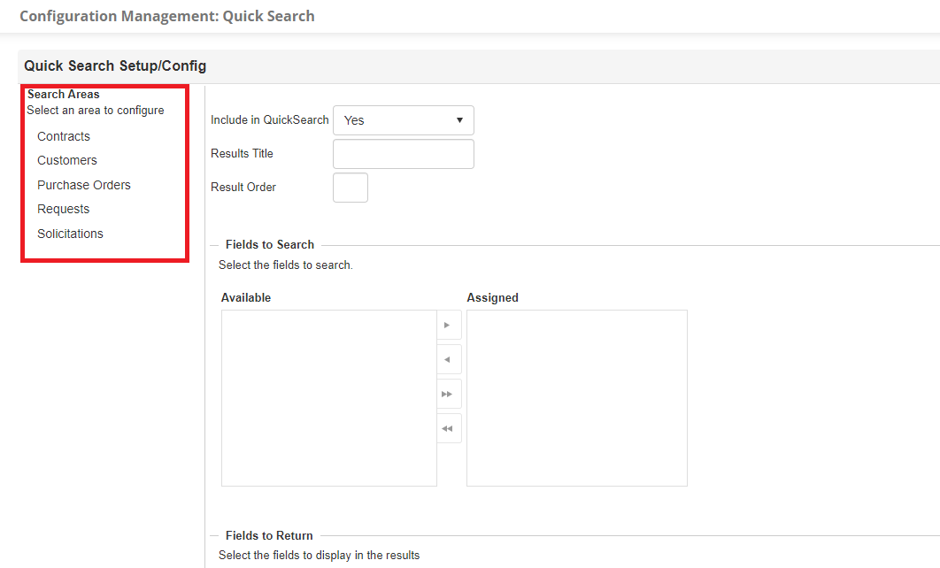 The Configuration Management: Quick Search page. The Search Areas side panel is highlighted.