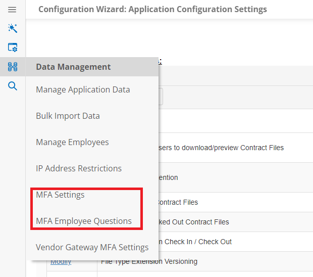 The Data Management side menu of the Application Configuration page. MFA Settings and MFA Employee Questions is highlighted.