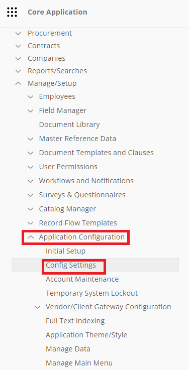 The Application Configuration section of the Contract Insight Main Menu. Config Settings is highlighted.