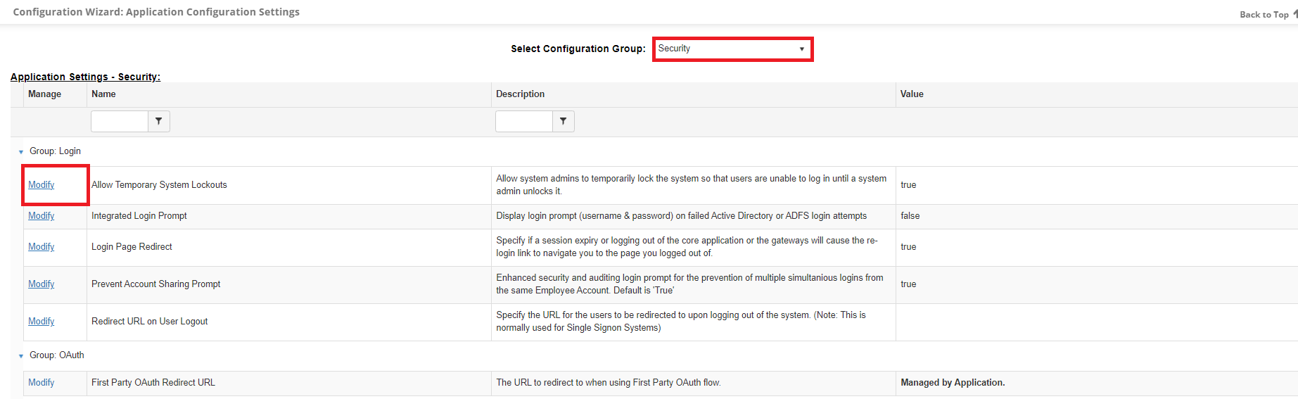 The Security Section of the Config Settings page. The Modify link next to the Allow Temporary System Lockouts setting is highlighted.