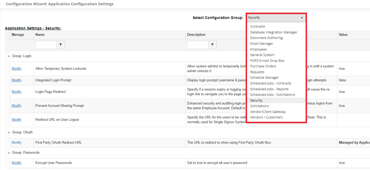 The Application Configuration Page. The Configuration Group dropdown menu is highlighted.