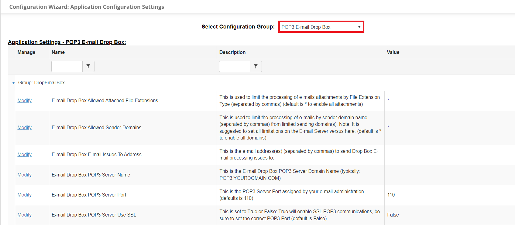 The POP3 E-mail Drop Box Configuration Group page.