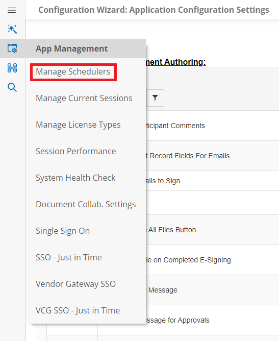 The App Management side menu. Manage Schedulers is highlighted.