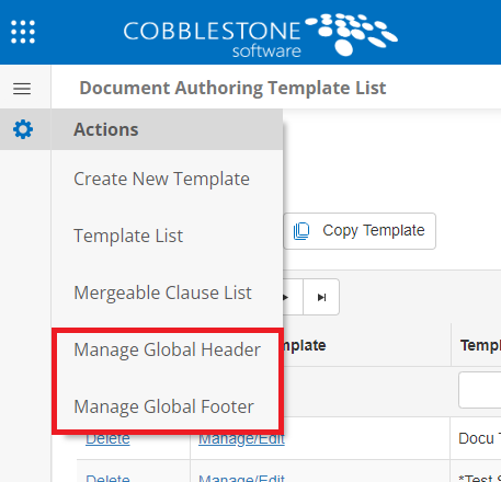The Actions Side Menu of the Document Template List page.  Manage Global Header and Manage Global Footer are highlighted.