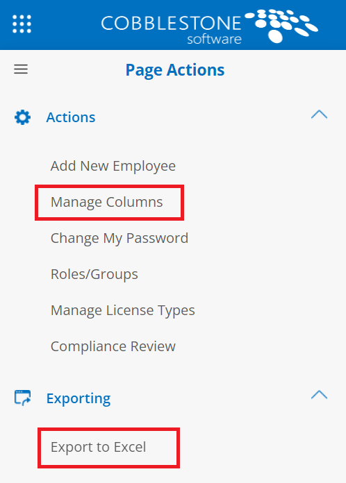 Manage Columns and Export to Excel