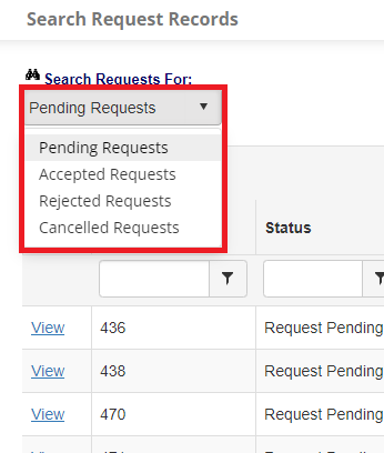 Search Requests by Status Dropdown