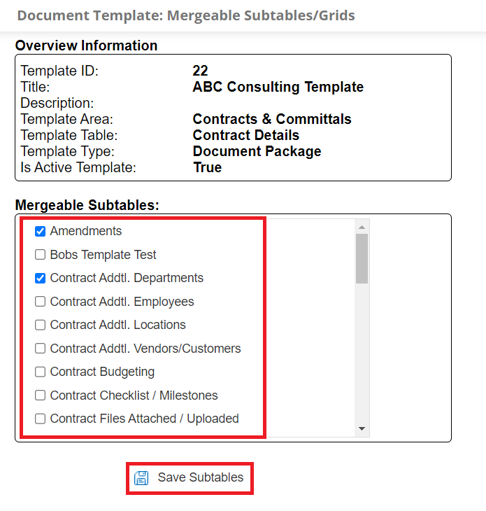 List of selectable mergeable subtables