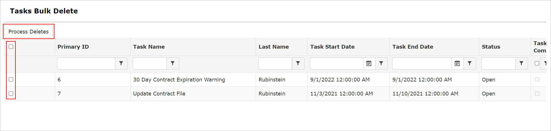 Process Delete on Tasks Bulk Delete grid