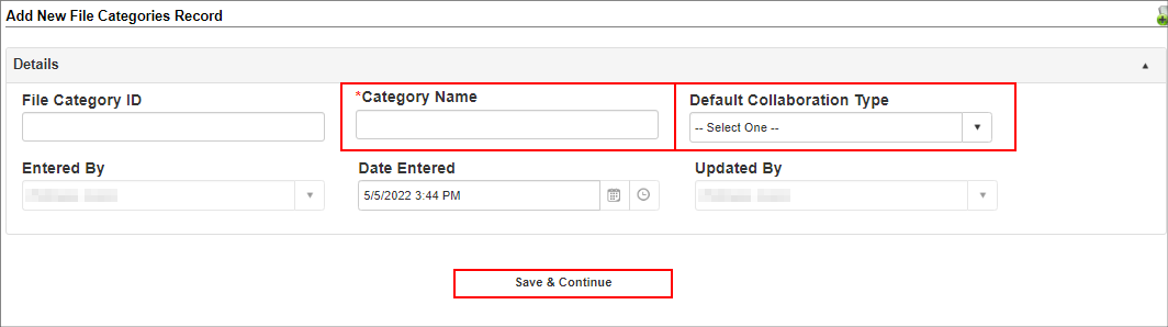 File Categories Record selecting Collaboration type and Setting Category Name