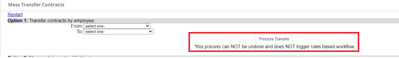 The Mass Transfer Contracts Screen, focusing on Option 1: Transfer Contracts by Employee. The Process Transfer button is highlighted.