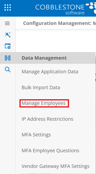 The Data Management side menu. Manage Employees is highlighted.