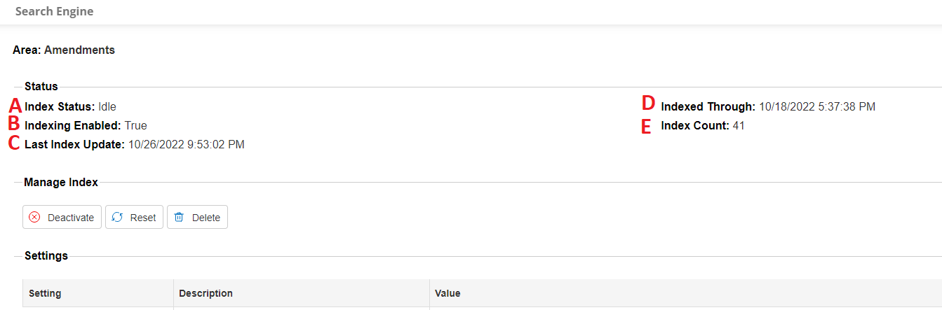 Options on the Search Engine edit page. Index Status is labeled A. Indexing Enabled is labeled B. Last Index Update is labeled C. Indexed Through is labeled D. Index Count is labeled E.