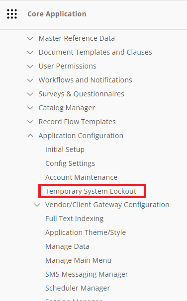 The Application Configuration Section of the Contract Insight Main Menu. Temporary System Lockout is highlighted.