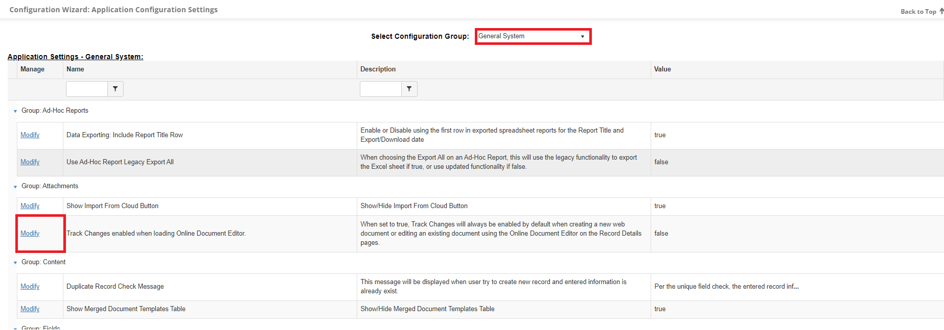 The General Systems Configuration Group page. The modify link next to the Track Changes enabled when loading Online Document Editor setting is highlighted.