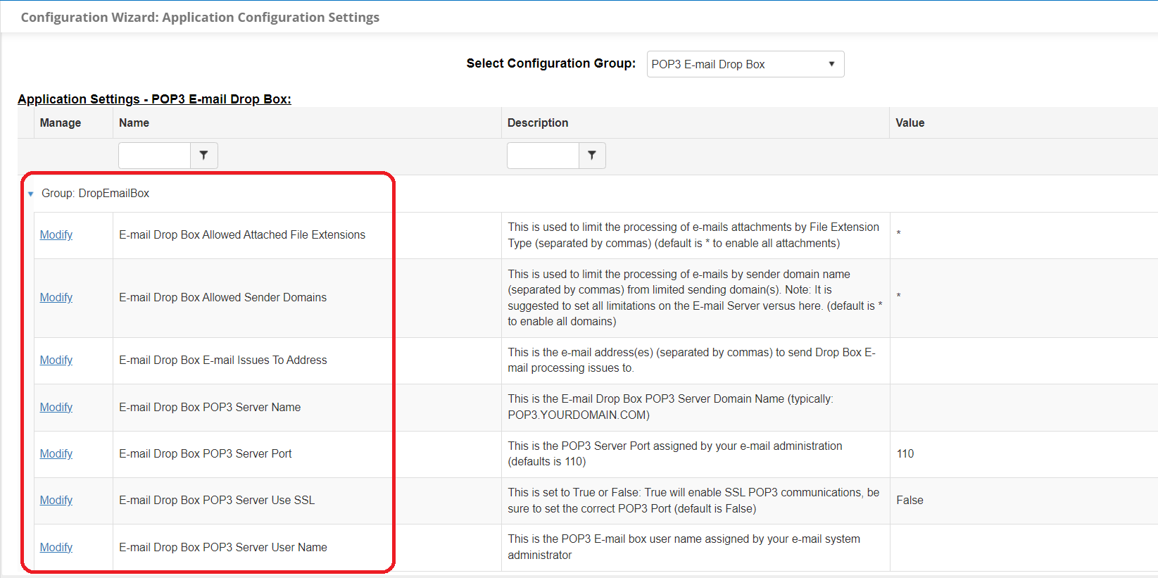 Email Drop Box Configuration Options