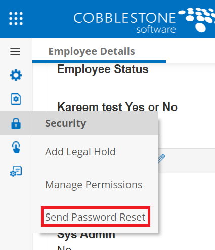 Send Password Reset side menu
