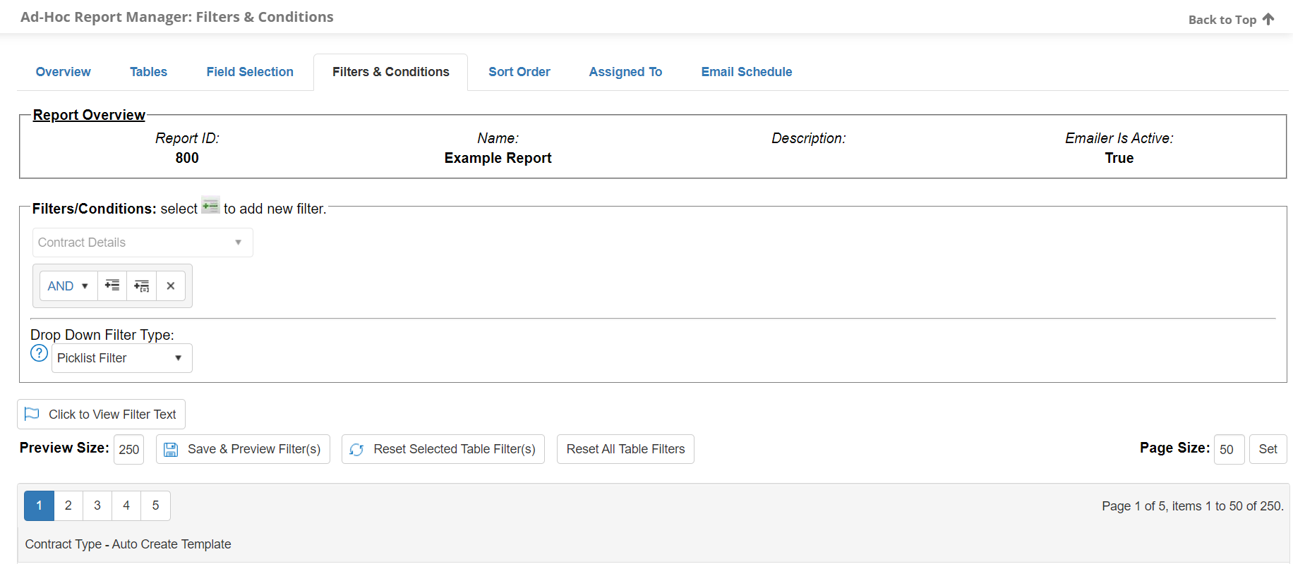 Filters and Conditions tab on Report Manager