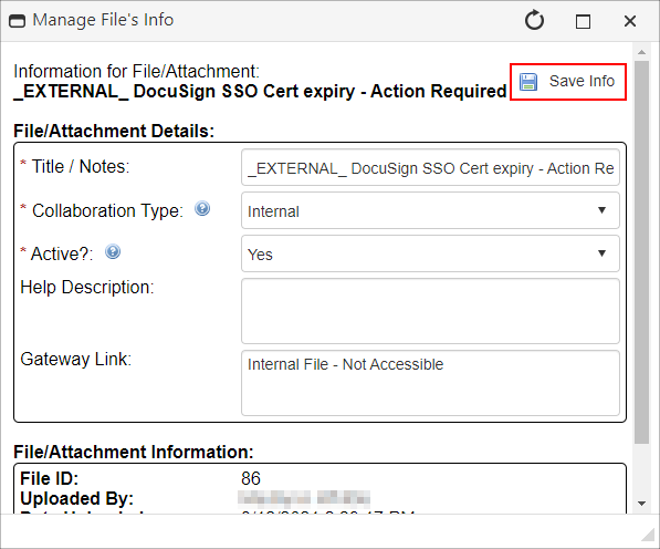 File Info pop-up. Save Info button is highlighted