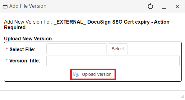 Add File Version pop-up. The Upload Version Button is highlighted.
