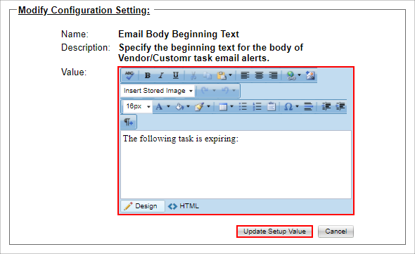 The Modify Configuration Setting box when editing text