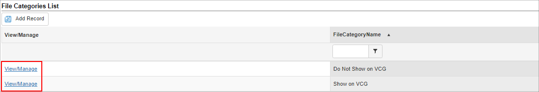 File Categories List View/Manage File Category 