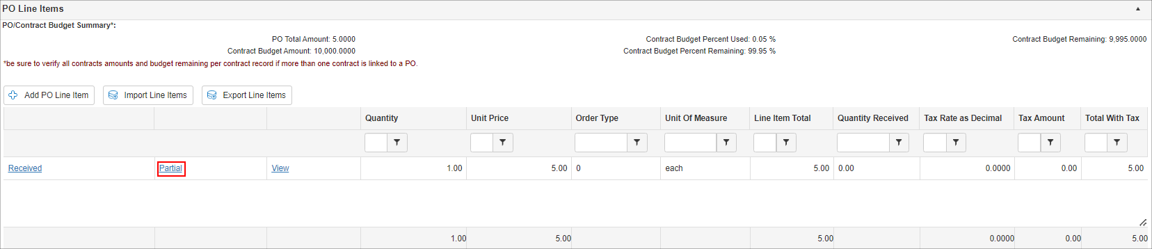 Click Partial on the PO Line Items table