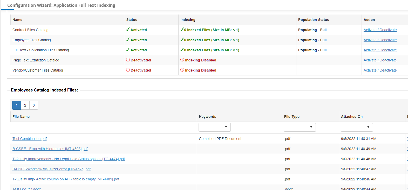 The Application Full Text Indexing Screen with the Employees Catalog Indexed Files table showing.