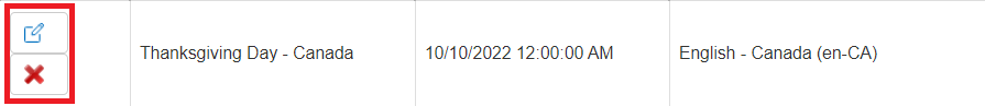 The Table Entry for Thanksgiving Day in Canada. The Edit and Delete buttons are highlighted.