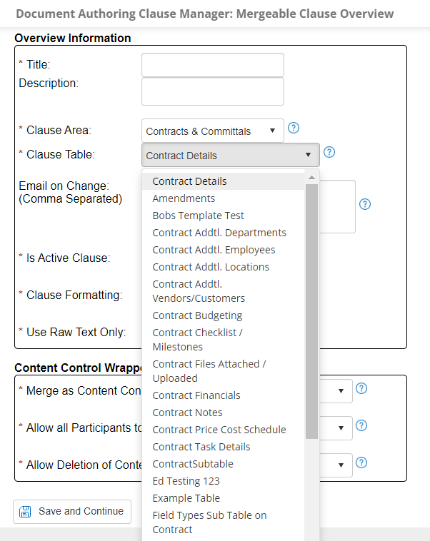 Clause Table Dropdown