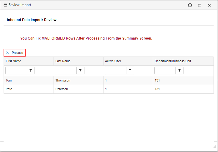 The Review Import pop-up. The Process button is highlighted.