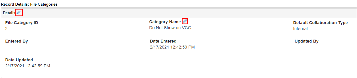 Record Details File Categories, Pencil Icon to edit the field group