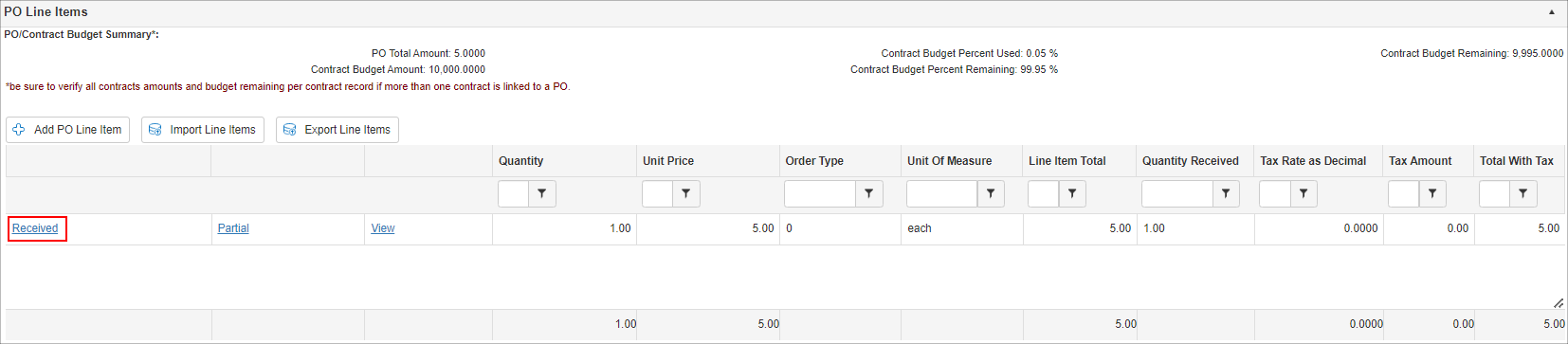 Click Receive on the PO Line Items table