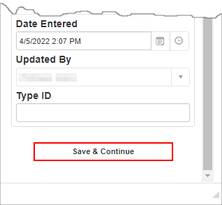 The bottom of the Add Record pop-up. The Save & Continue button is highlighted.