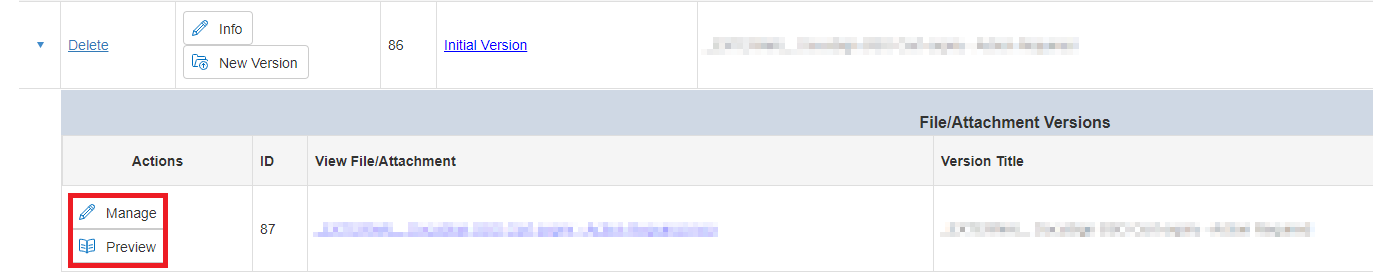 A versions dropdown below a file entry. The Manage and Preview buttons are highlighted.