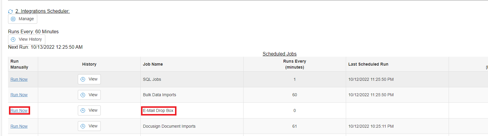 The Integrations Schedulers page. The Email Drop Box option is highlighted, as is it's Run Now link.