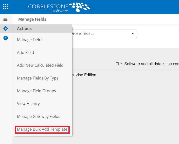 The Actions side menu on the Manage Fields page. The Manage Bulk Add Template option is highlighted.