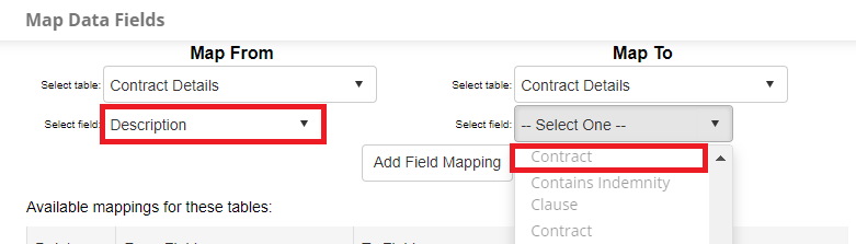 The Description Field is highlighted on the Map From side. On the Map To side, there are several greyed out options of fields that do not match data type.