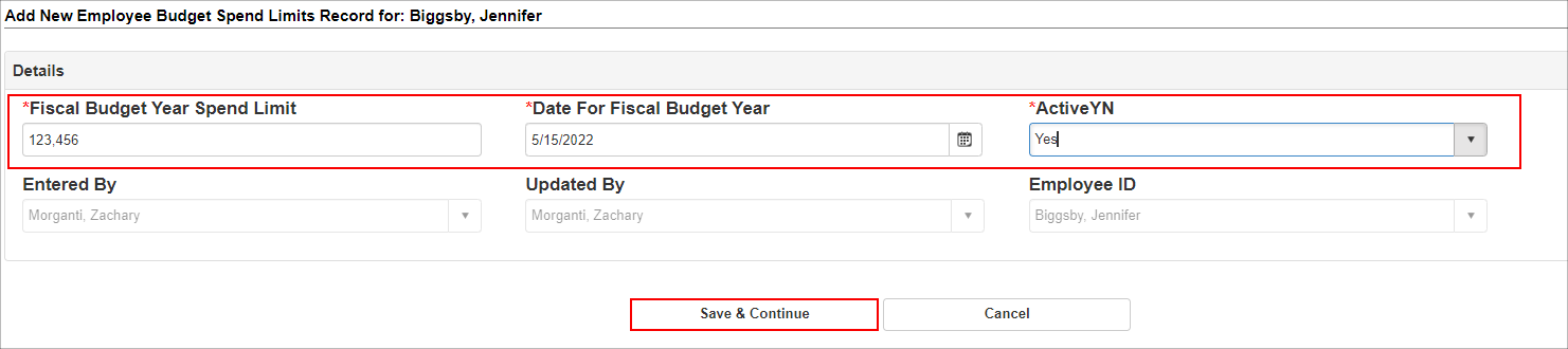 Enter Required Fields for the Budget Spend Limit