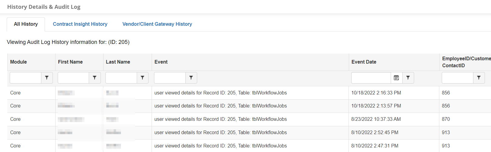 History details and audit log displays